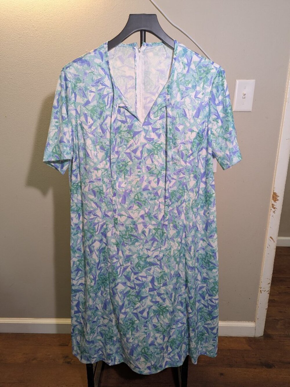Vintage Handmade Multicolor Print V Neck Short Sleeve Dress